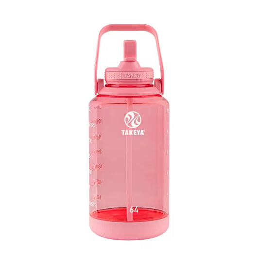 64 Oz. Tritan Plastic Straw Motivational Bottle Wide Handle Flutter Pink