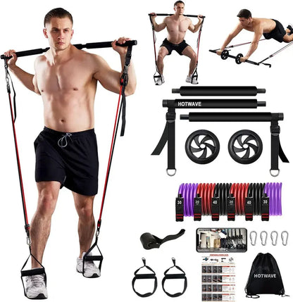 HOTWAVE Pilates Bar Kit with 15 Gym Accessories for Portable Home Gym Workout