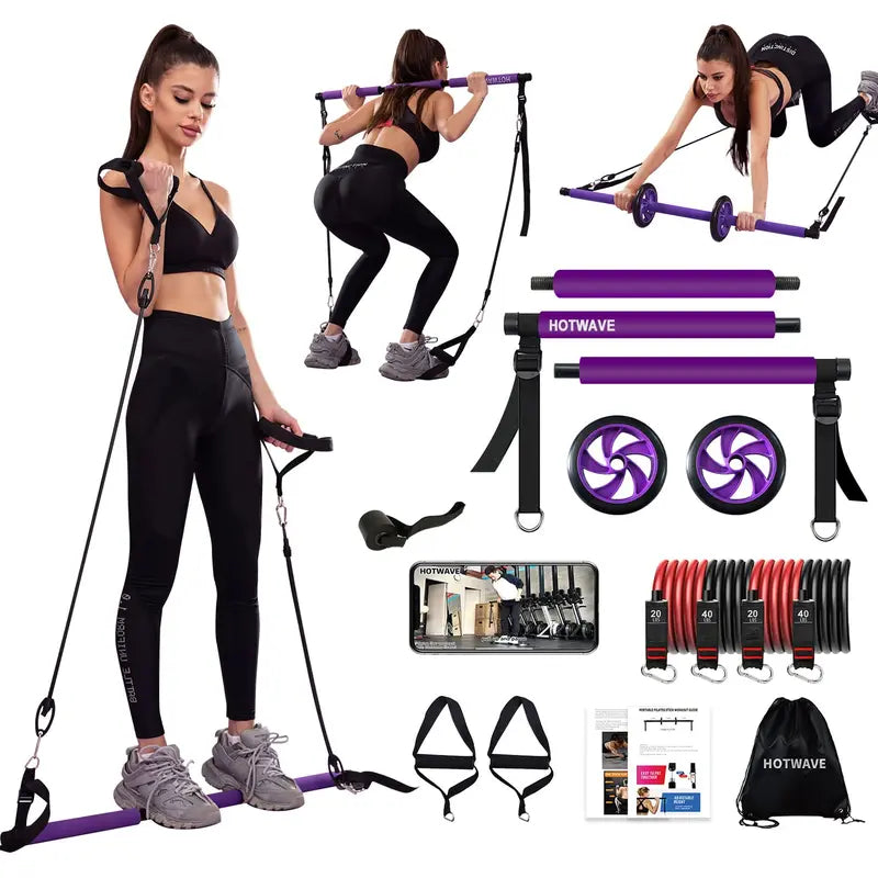 HOTWAVE Pilates Bar Kit with 15 Gym Accessories for Portable Home Gym Workout