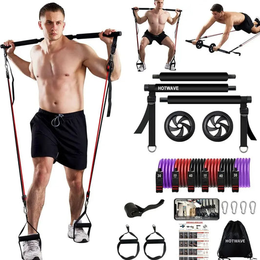 HOTWAVE Pilates Bar Kit with 15 Gym Accessories for Portable Home Gym Workout